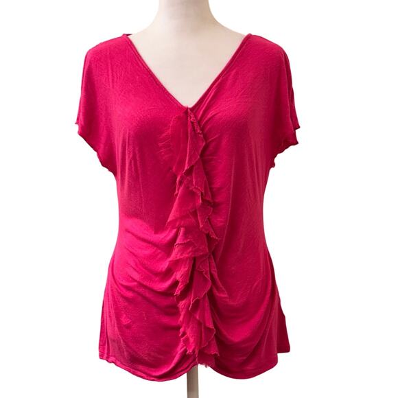 Rafaella Women's Pink Ruffled Front Short Sleeve V-Neck Blouse Size Large - Picture 1 of 8